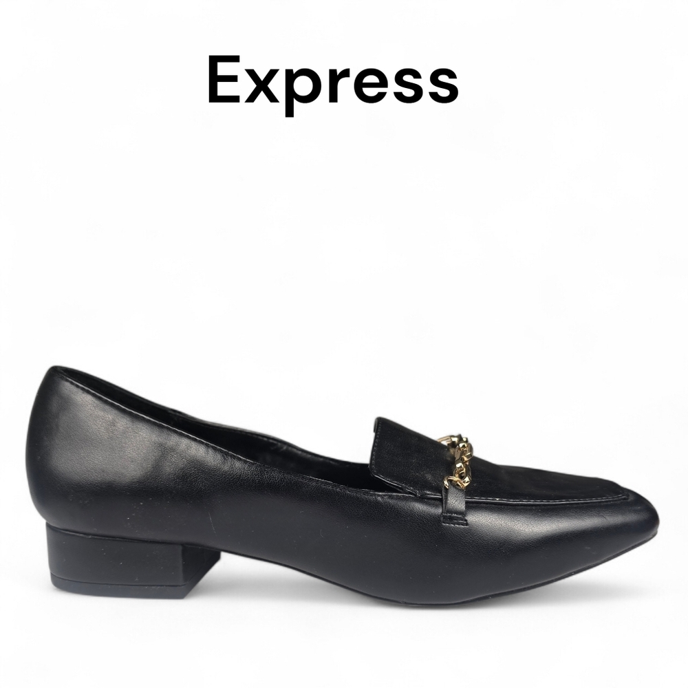 Express Black Slip On Loafers With Gold Chain Detail Size 7